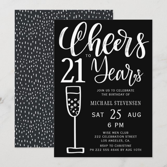 Cheers to 21 years black and white birthday party invitation (Front/Back)