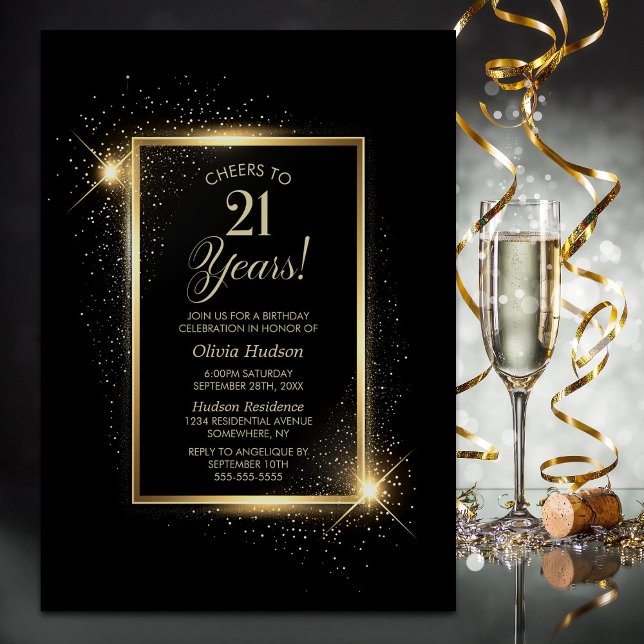Cheers to 21 Years Black Gold Birthday Party Invitation (Creator Uploaded)