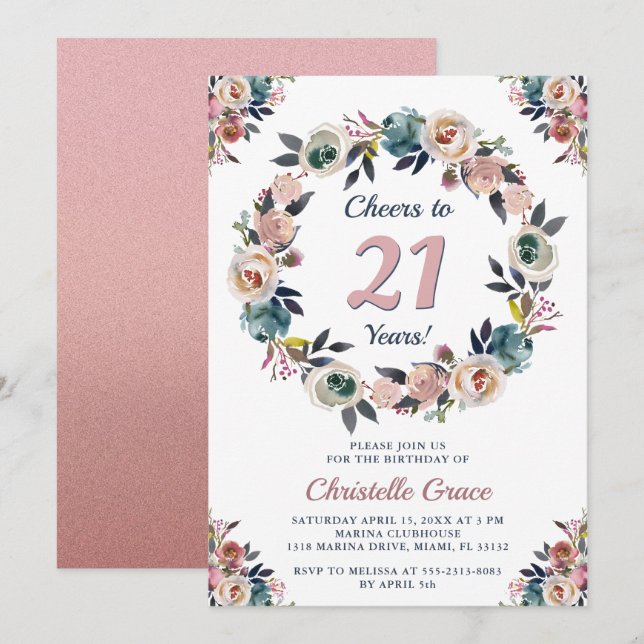Cheers to 21 Years Chic Girl 21st Birthday Party Invitation (Front/Back)