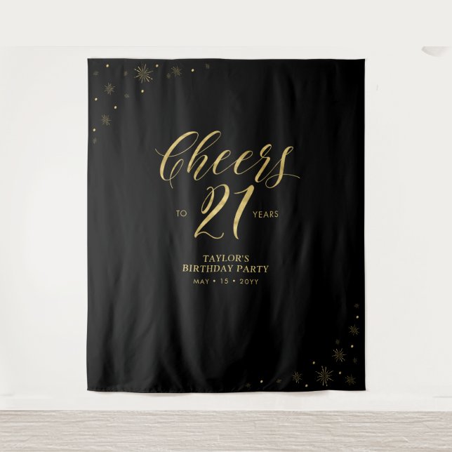 Cheers to 21 years | Gold & Black Birthday Party Tapestry (Front)