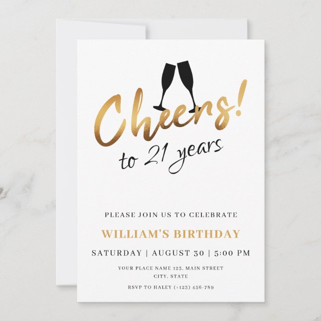 Cheers to 21 Years Gold White Adult Birthday Photo Invitation (Front)