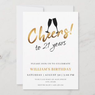 Cheers to 21 Years Gold White Adult Birthday Photo Invitation