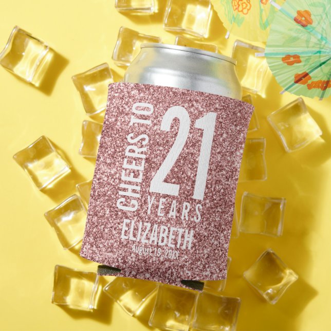 Cheers to 21 Years Rose Gold Glitter Can Cooler (In Situ Summer)