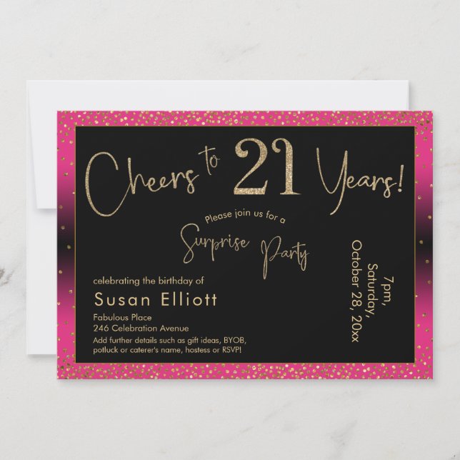 Cheers to 21 Years Surprise Birthday, Deep Pink Invitation (Front)