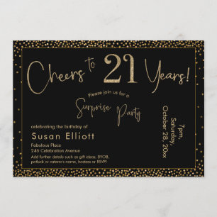 Cheers to 21 Years Surprise Birthday Gold & Black Invitation