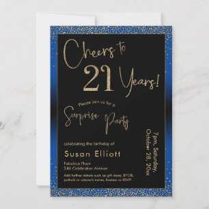 Cheers to 21 Years Surprise Birthday Party Blue Invitation