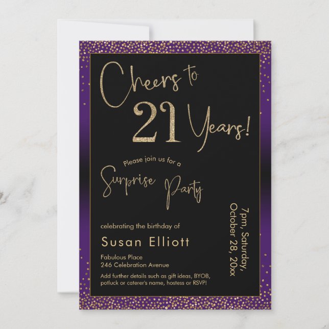 Cheers to 21 Years Surprise Birthday Party, Purple Invitation (Front)
