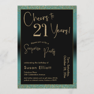 Cheers to 21 Years Surprise Birthday Party, Teal Invitation