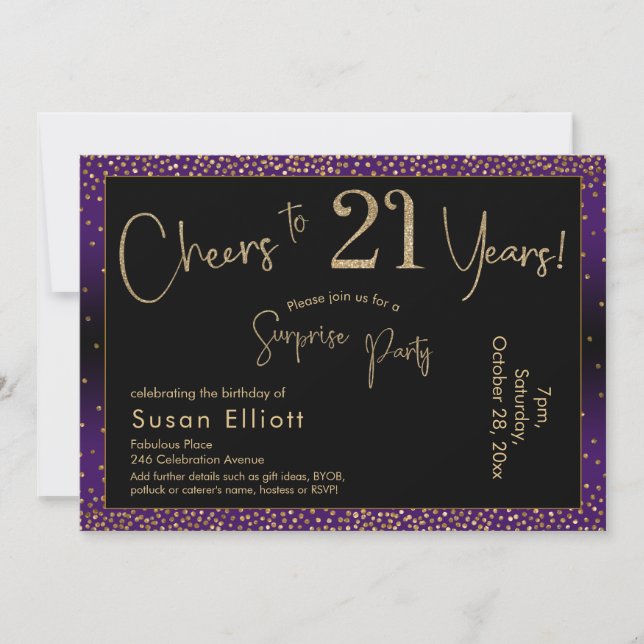 Cheers to 21 Years Surprise Birthday, Purple Invitation (Front)