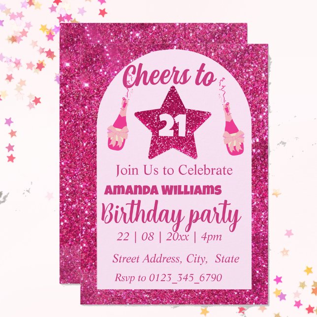 Cheers to 21st Birthday pink glitter elegant chic  Invitation (Creator Uploaded)