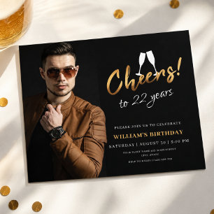 Cheers to 22 Years Gold Black Adult Birthday Photo Invitation