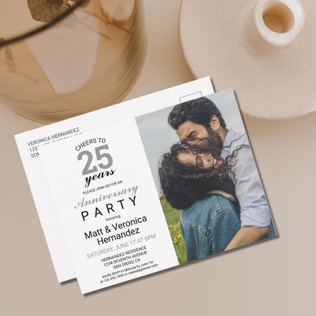 Cheers to 25 Years Silver 25th Anniversary  Invita Postcard (MODERN CHEERS TO 25 YEARS WEDDING ANNIVERSARY PARTY INVITATION POSTCARD WITH PHOTO)