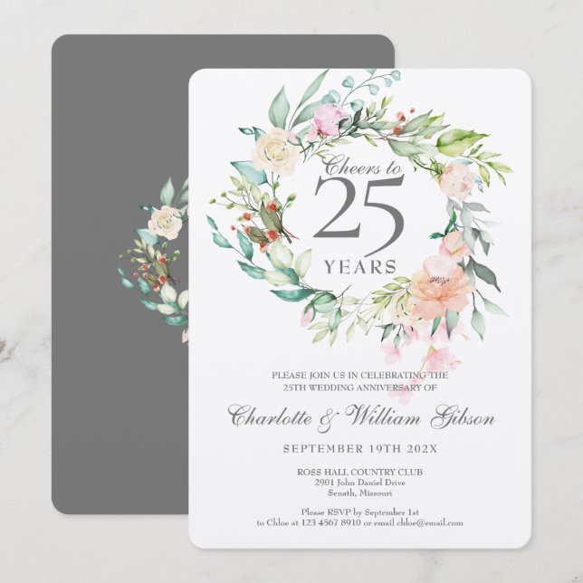 Cheers to 25 Years Silver Anniversary Metallic Invitation (Front/Back)