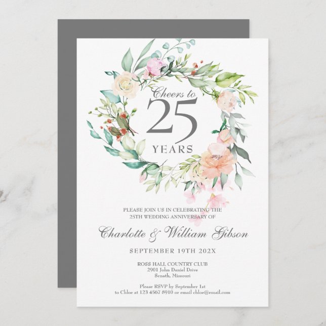 Cheers to 25 Years Silver Anniversary Roses Invitation (Front/Back)