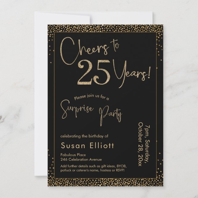 Cheers to 25 Years Surprise Birthday Party Black Invitation (Front)