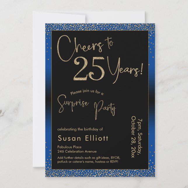 Cheers to 25 Years Surprise Birthday Party Blue Invitation (Front)