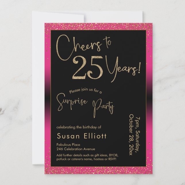 Cheers to 25 Years Surprise Birthday Party, Pink Invitation (Front)