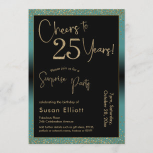 Cheers to 25 Years Surprise Birthday Party, Teal Invitation