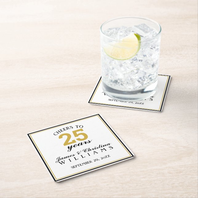 Cheers to 25 Years Wedding Anniversary Gold Square Paper Coaster (Insitu)