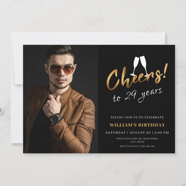 Cheers to 29 Years Gold Black Adult Birthday Photo Invitation (Front)