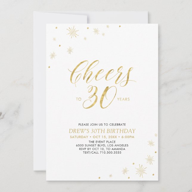 Cheers to 30 | Gold Modern 30th Birthday Party Invitation (Front)