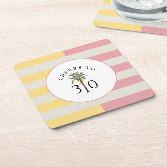 Cheers to 30 Palm Beach Tropical Stripe Square Paper Coaster (Angled)
