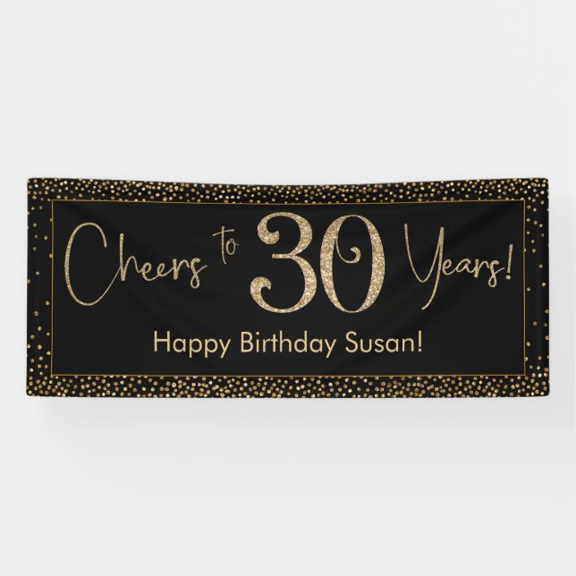 Cheers to 30 Years Birthday Black w/ Gold Confetti Banner (Horizontal)