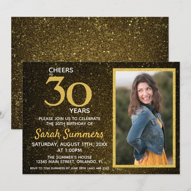 Cheers to 30 Years Black Gold 30th Birthday Invitation (Front/Back)