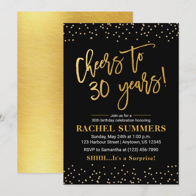Cheers to 30 Years Black & Gold Adult Birthday Invitation (Front/Back)