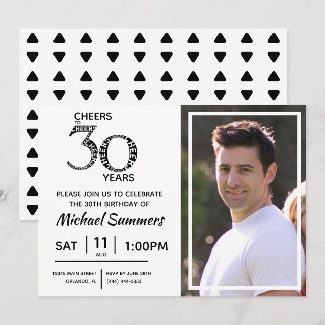Cheers to 30 Years Black White 30th Birthday Invitation (Front/Back)