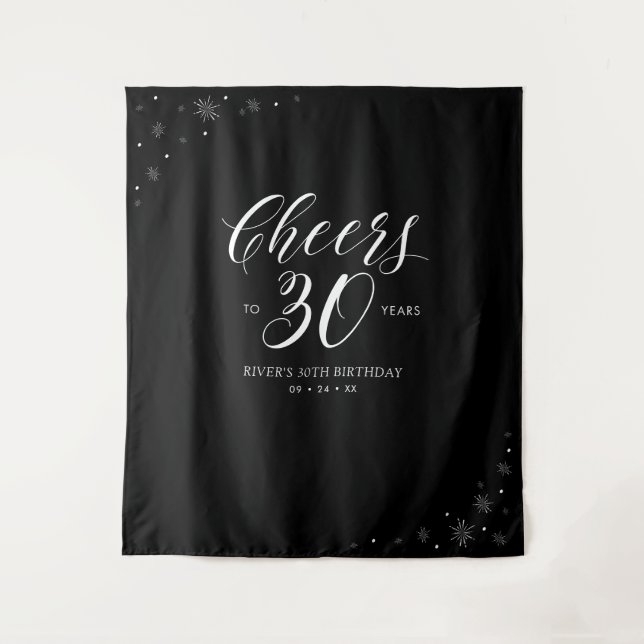 Cheers to 30 years | Black & White 30th Birthday Tapestry (Front)