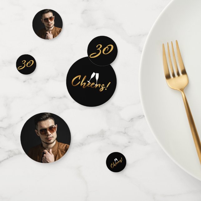 Cheers to 30 Years Gold Black Adult Birthday Photo Confetti (Group)