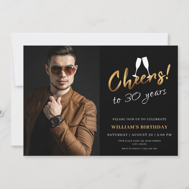 Cheers to 30 Years Gold Black Adult Birthday Photo Invitation (Front)