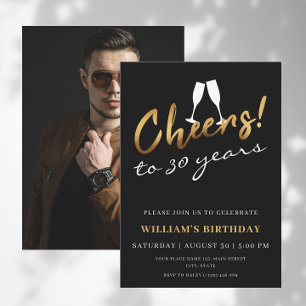 Cheers to 30 Years Gold Black Adult Birthday Photo Invitation