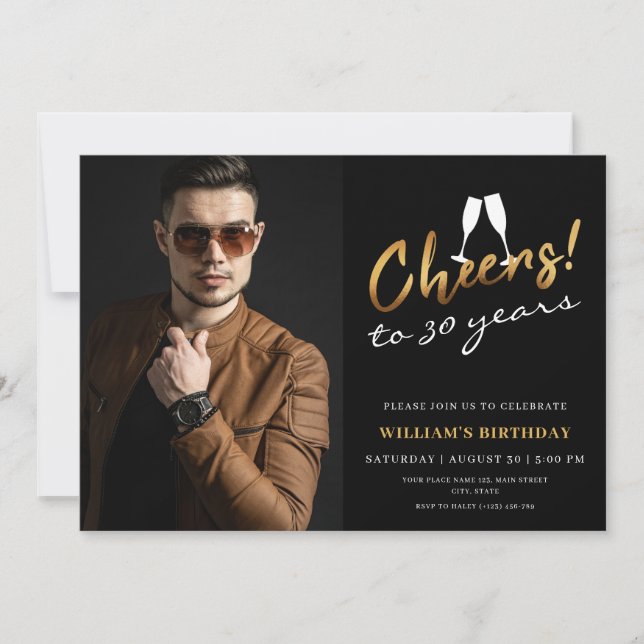 Cheers to 30 Years Gold Black Adult Birthday Photo Invitation (Front)