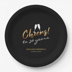 Cheers to 30 Years Gold Black Adult Birthday Photo Paper Plate