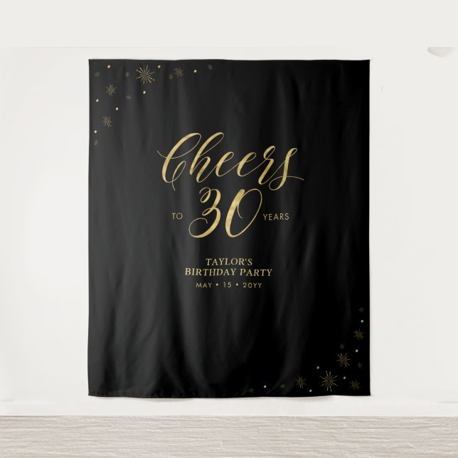 Cheers to 30 years | Gold & Black Birthday Party Tapestry (Front)