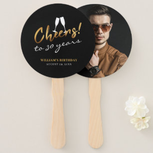 Cheers to 30 Years Gold Black Photo Adult Birthday Hand Fan