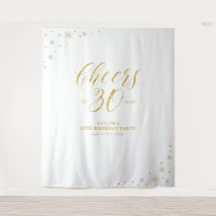 Cheers to 30 years   Gold & White Birthday Party Tapestry