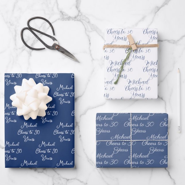 Cheers to 30 Years Navy Blue 30th Birthday Wrapping Paper Sheet (Front)