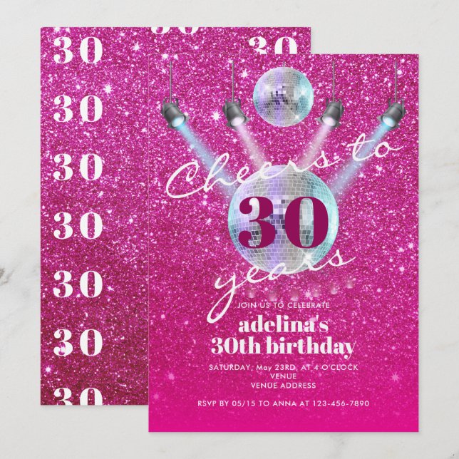 Cheers to 30 Years Pink Glam Disco Retro Birthday Invitation (Front/Back)