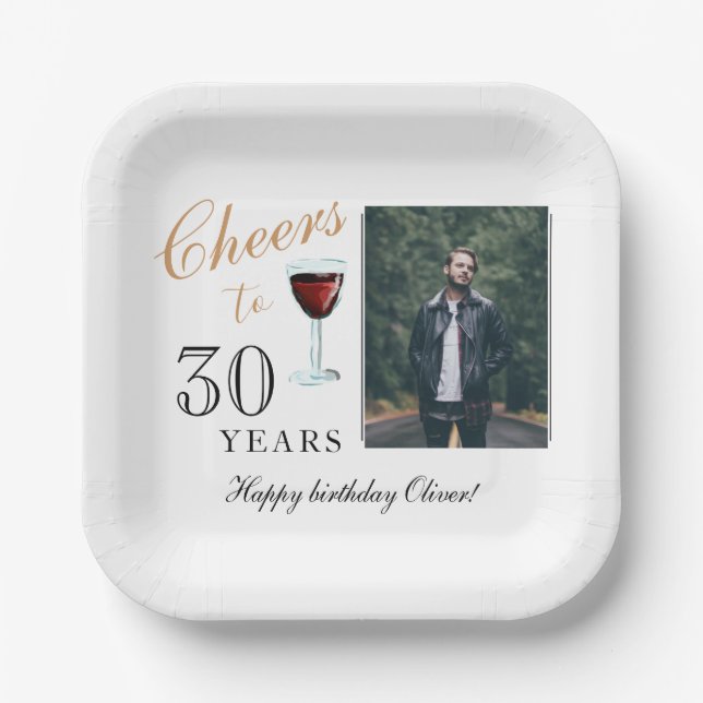 Cheers to 30 Years Red Wine 30th Birthday Photo Paper Plate (Front)