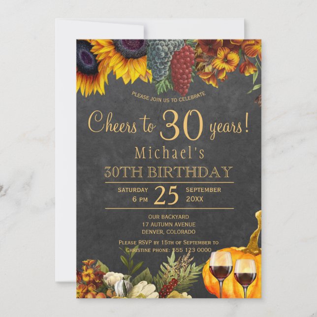 Cheers to 30 years rustic fall 30th birthday party invitation (Front)