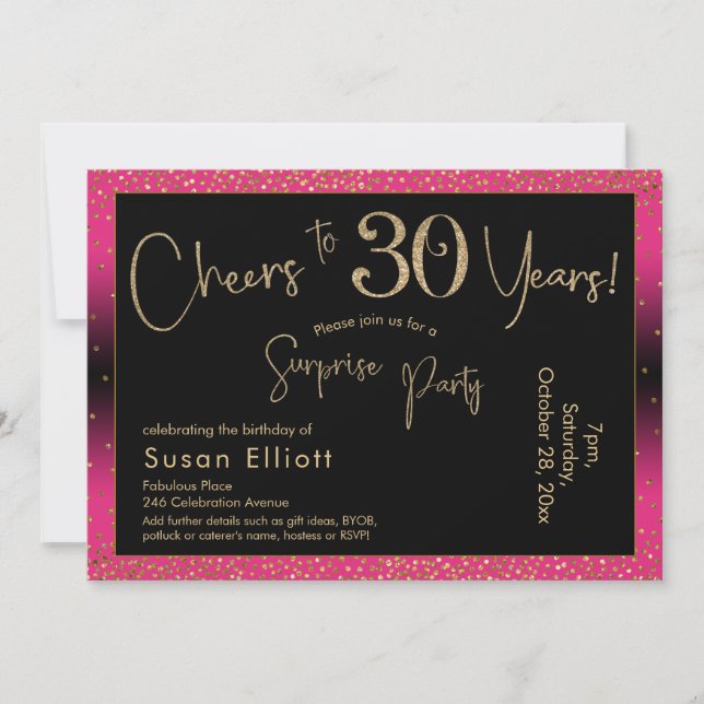 Cheers to 30 Years Surprise Birthday, Deep Pink Invitation (Front)