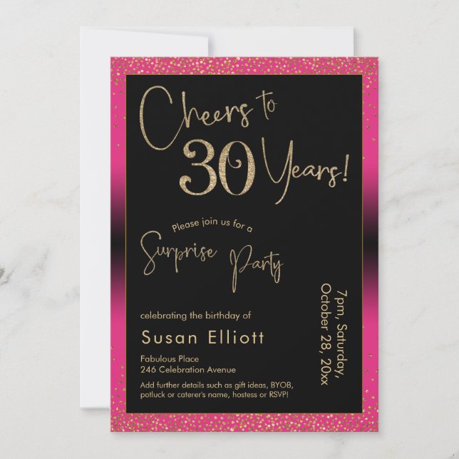 Cheers to 30 Years Surprise Birthday Party, Pink Invitation (Front)