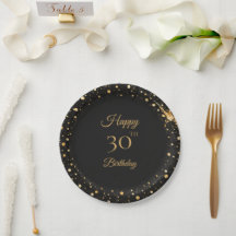 Cheers to 30th Birthday Black and Gold Paper Plate
