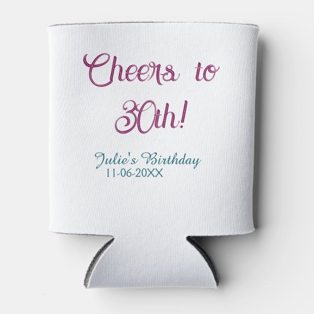 Cheers to 30th birthday name date mauve blue elega can cooler (Front)