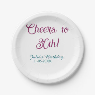 Cheers to 30th birthday name date mauve blue elega paper plate