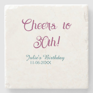 Cheers to 30th birthday name date mauve blue elega stone coaster