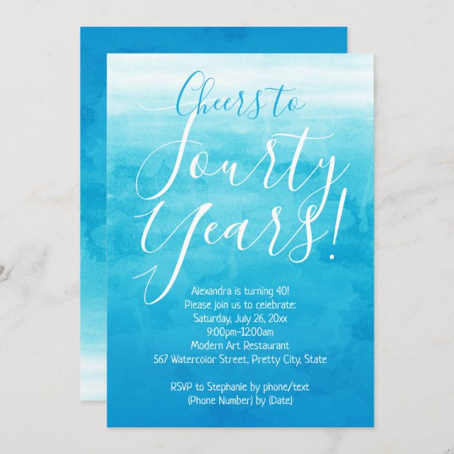 Cheers to 40 Blue Ombre Modern 40th Birthday Party Invitation (Front/Back)